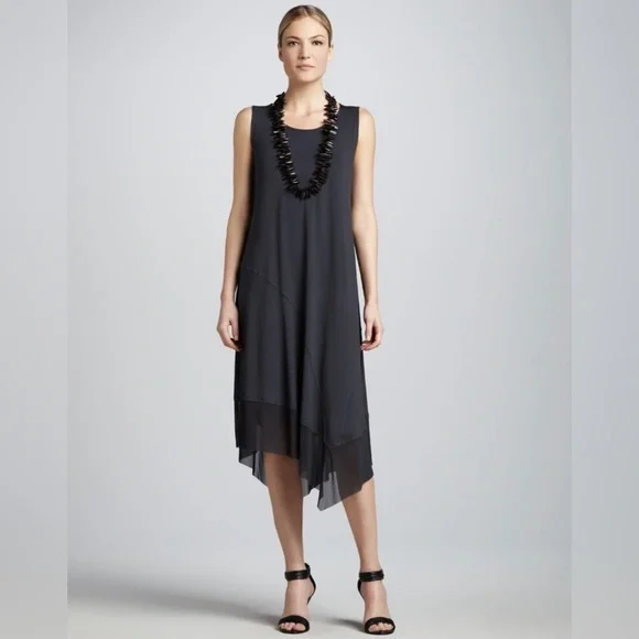 Eileen Fisher | Dresses | Eileen Fisher Black Shift Sleeveless Asymmetrical  Meshhem Stretch Midi Dress M | Poshmark
